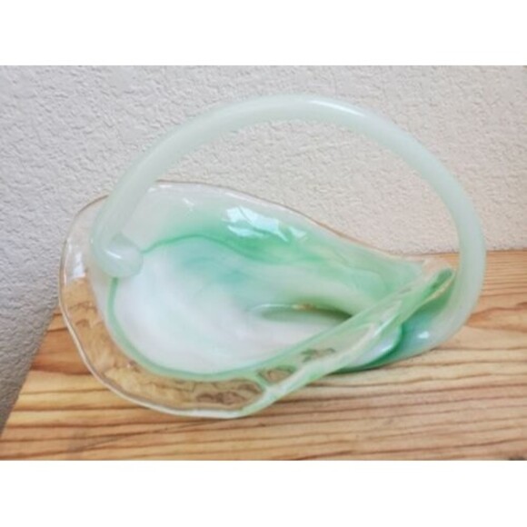 VTG Sooner Student Art Glass Bowl Basket Centerpiece Hand Blown White Green 9" - Picture 8 of 9